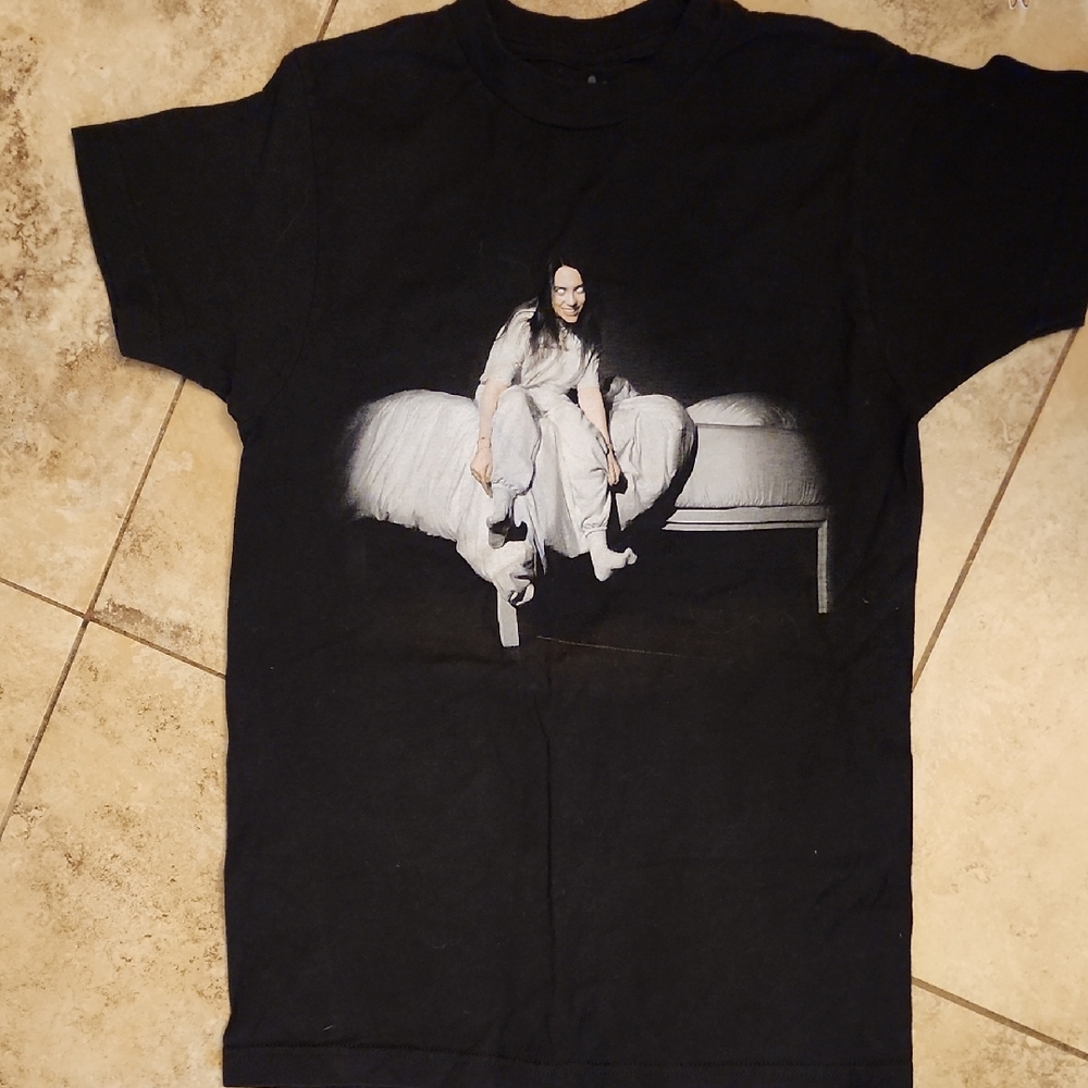 Billie Eilish Black Graphic T-Shirt with White Bedside Figure